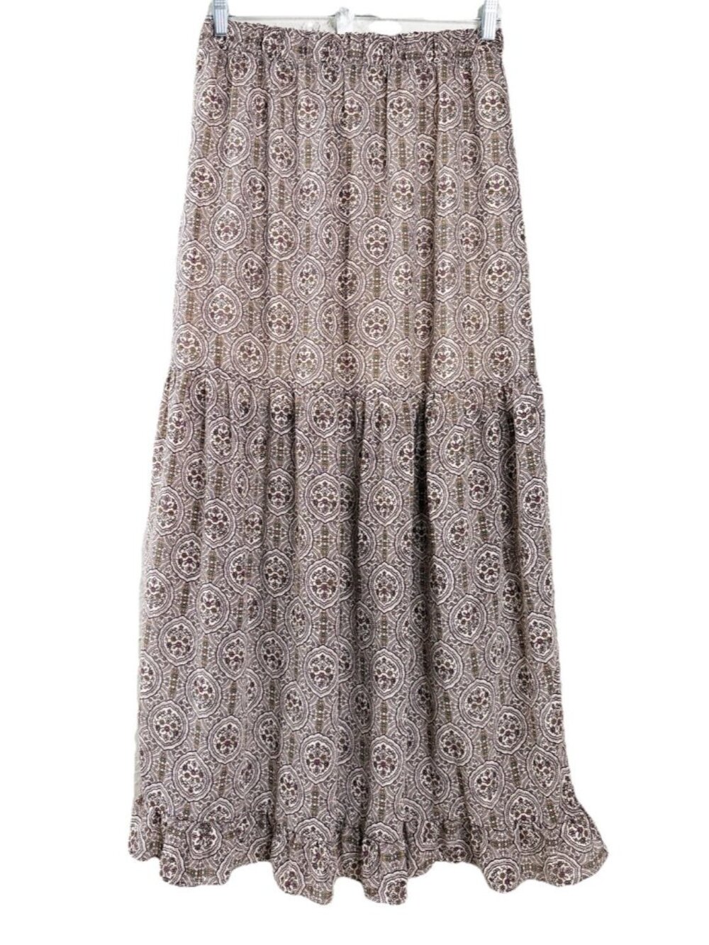 Bobeau Large Brown Tan Geometric Floral Maxi Skirt 50" Boho Cottagecore EUC